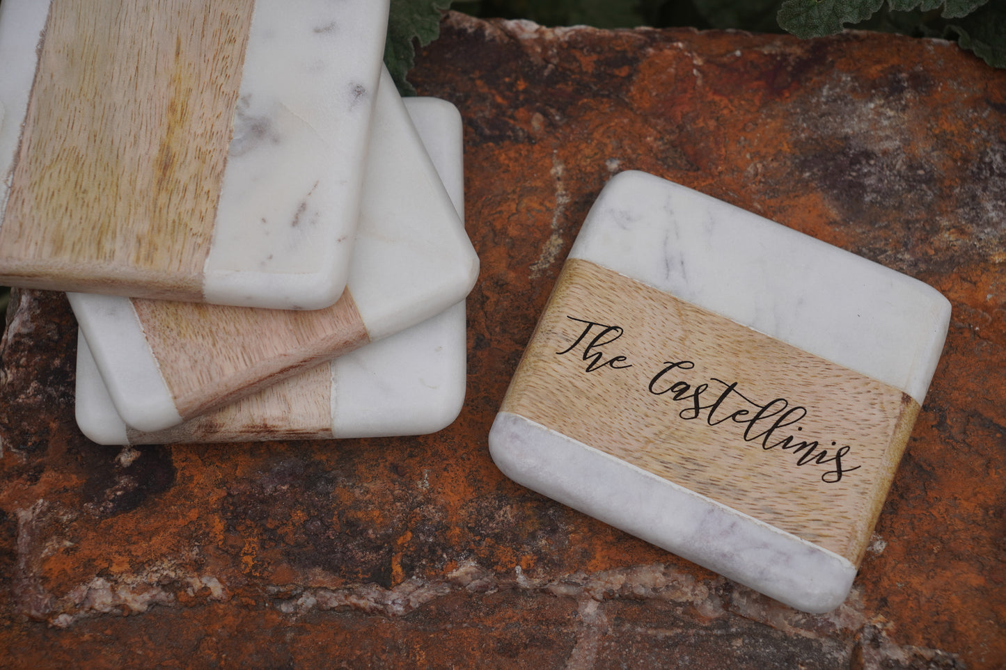 4-inch Marble and Wood Coasters - Set of 4