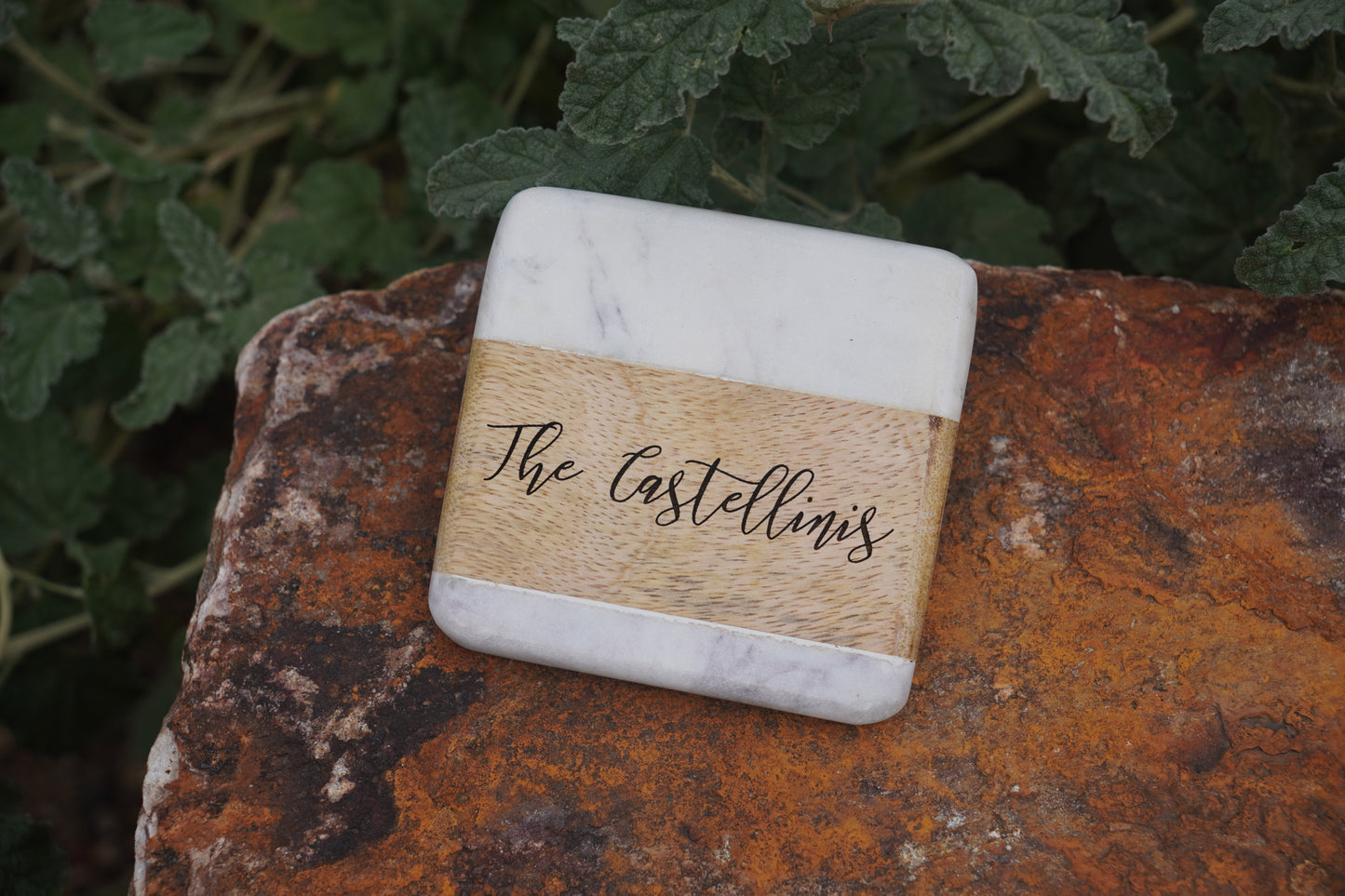 4-inch Marble and Wood Coasters - Set of 4