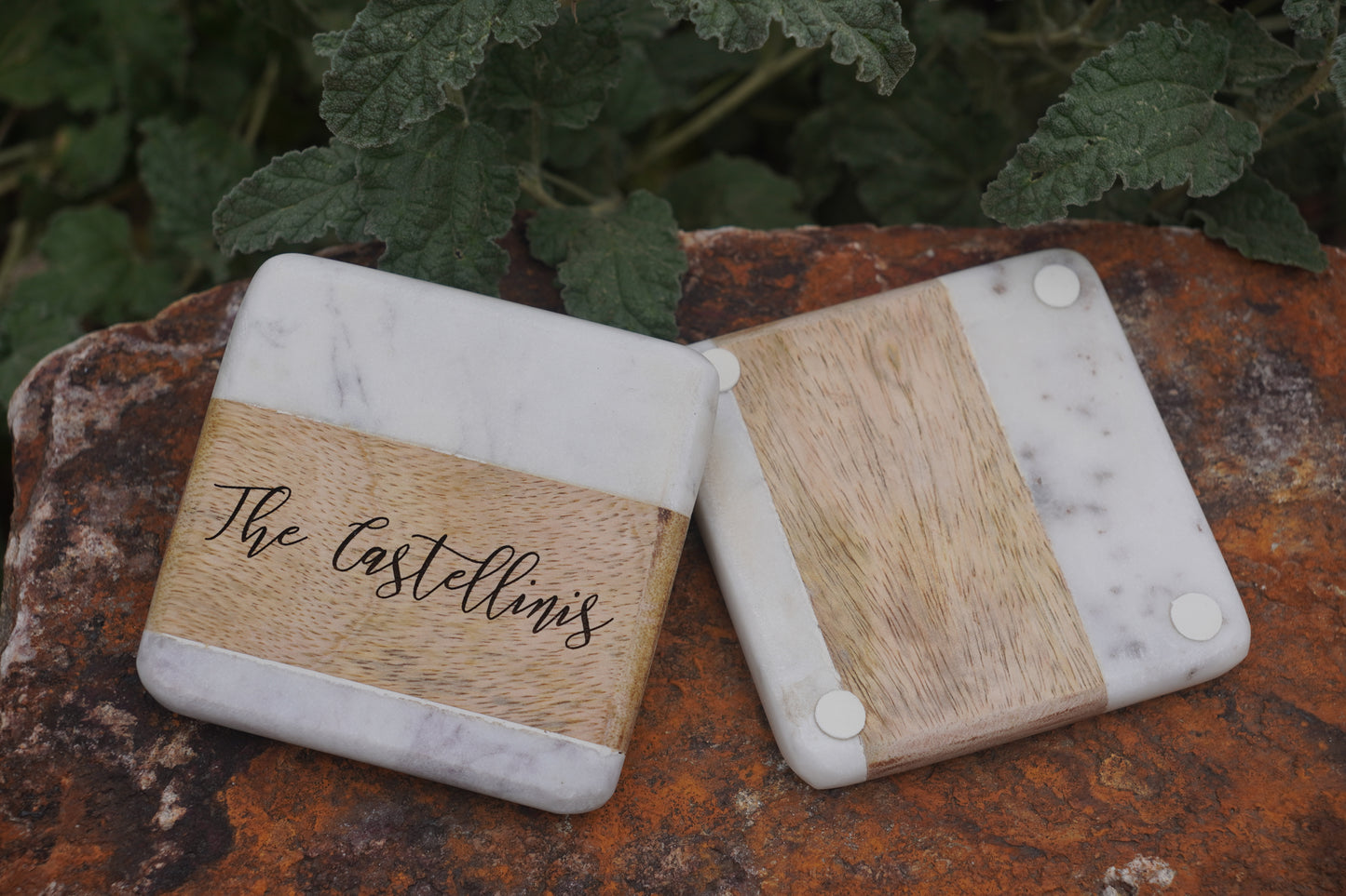 4-inch Marble and Wood Coasters - Set of 4